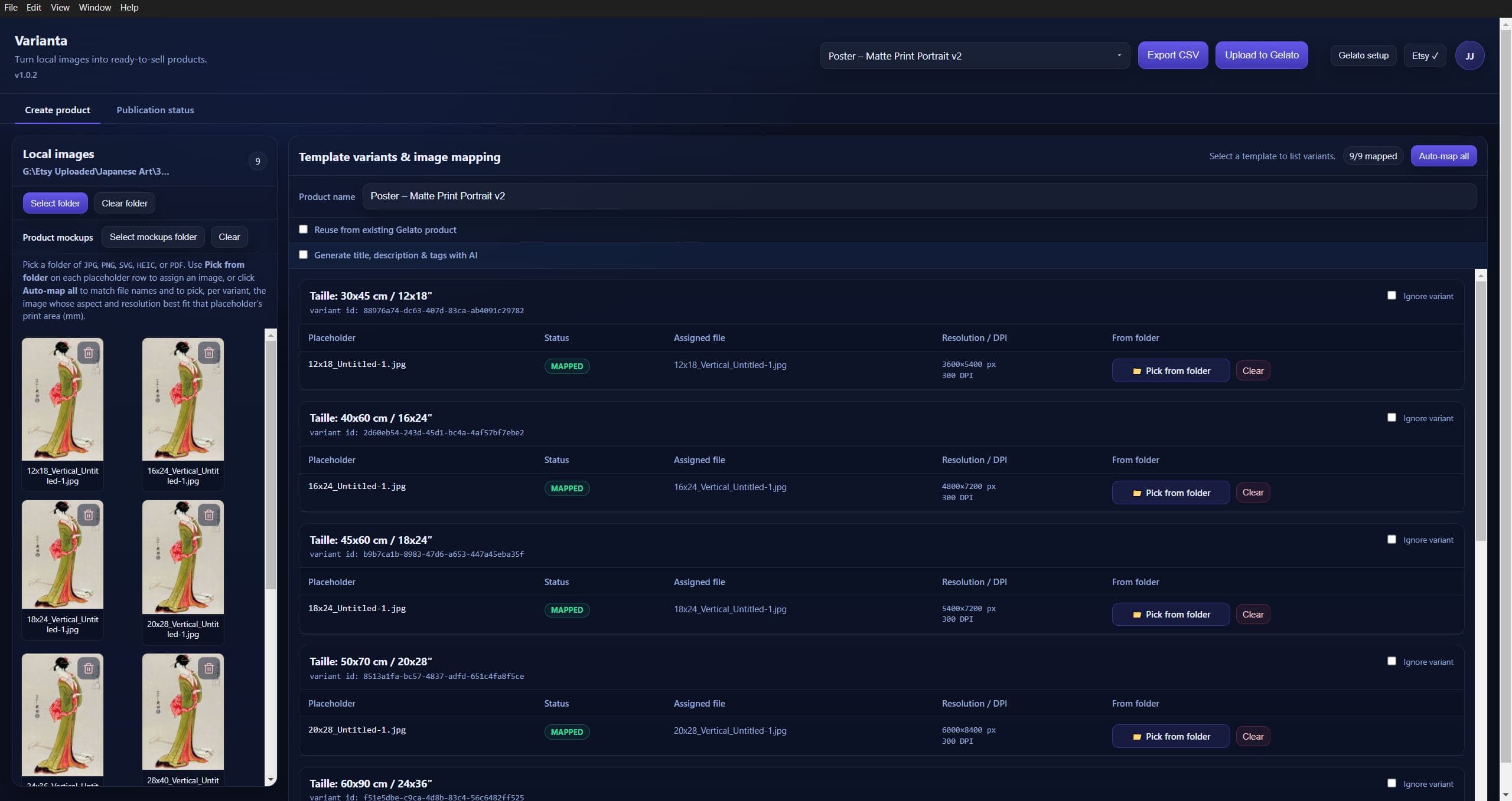 Varianta desktop app showing a product creation overview with template, artwork, and workflow steps